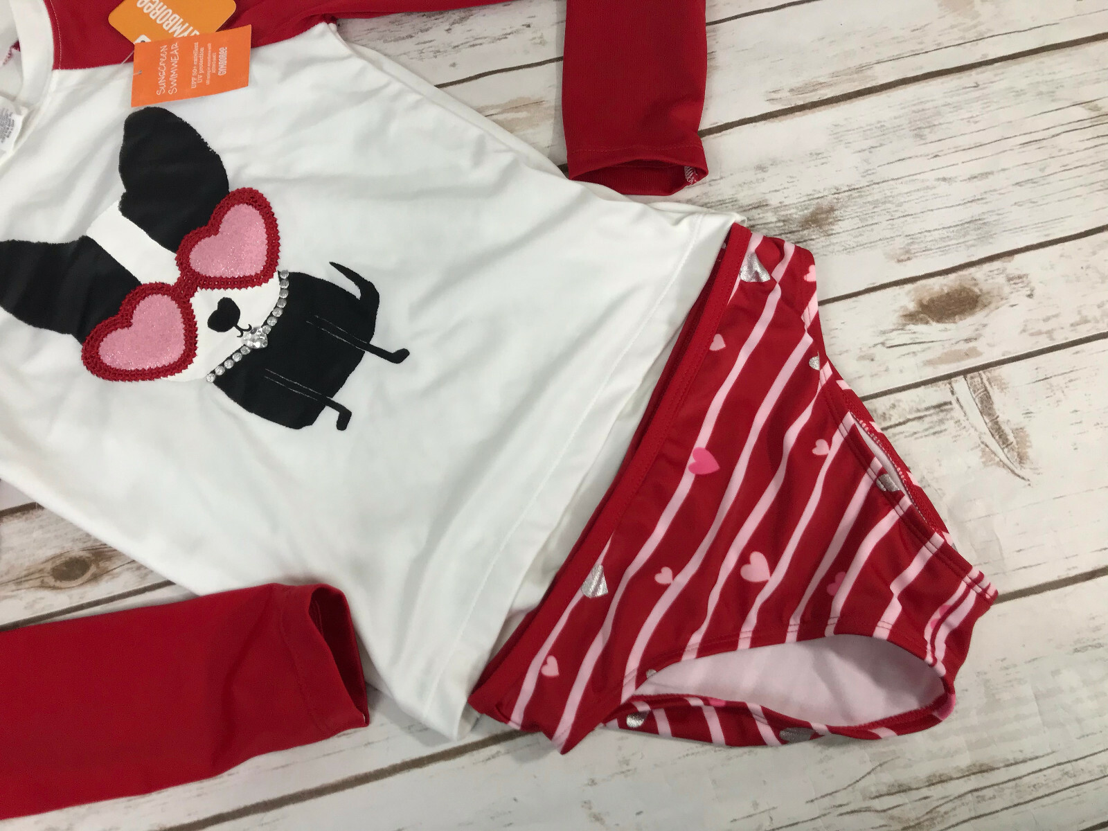 NWT Gymboree Girls 7 8 Love Dog Rash Guard Swimsuit Set Puppy Hearts Rhinestones