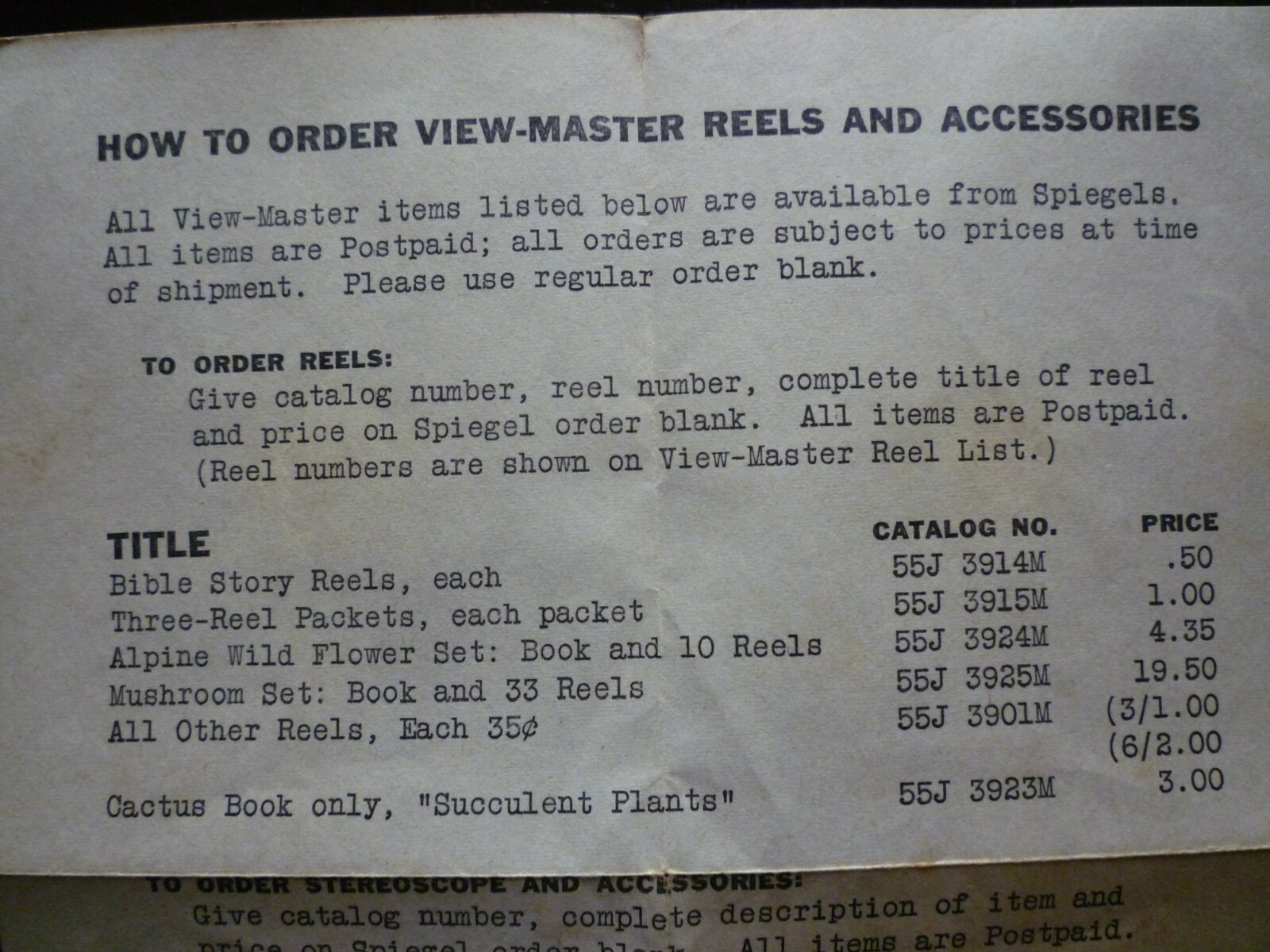 Vintage View Master Reels and Accessories Order Form (Spiegels)