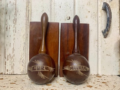 Solid Vtg Havana Cuba Wooden Maracas Shaker Bookends, Carved & Etched MCM