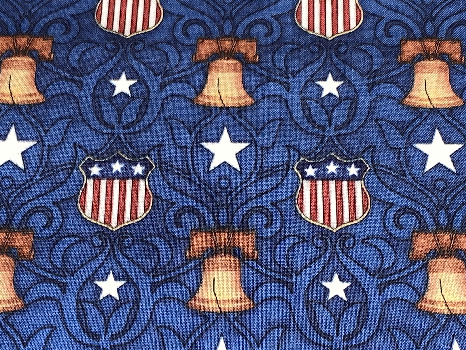Fabric USA Pride & Glory Liberty Bell on Navy Dan Morris Cotton 1/4 ...
