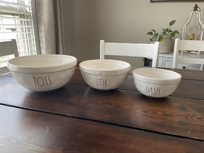 Set of 3 Ceramic Rae Dunn Mixing Bowls TOSS STIR DASH Large Letter Dimples READ