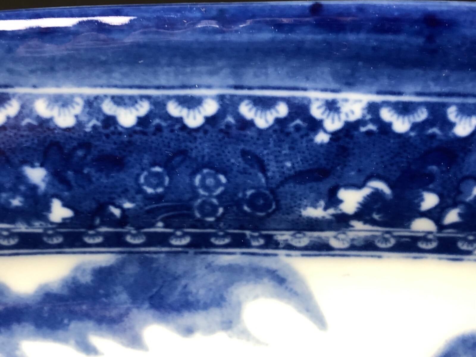 Antique and Gorgeous Blue Flow 11&1/8” Platter Depicts Castle Water Boats& Flags