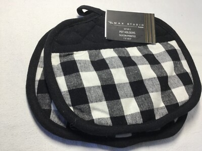 MAX STUDIO POT HOLDERS  (2) PUMPKIN BLACK WHITE CHECK 7 X 9 100% COTTON NIP