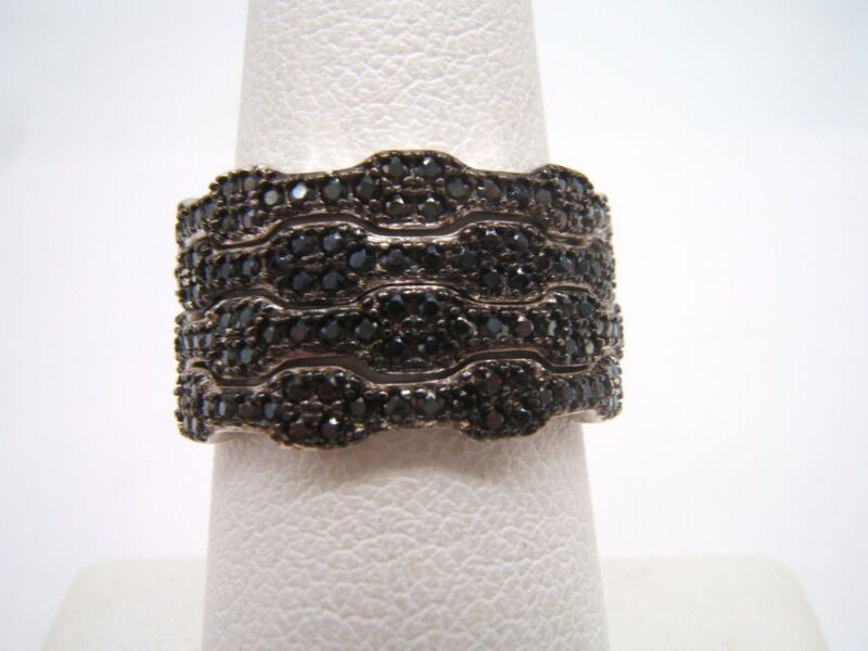 4 Vtg Sterling Silver Stacker Rings With Black Crystals Size 7