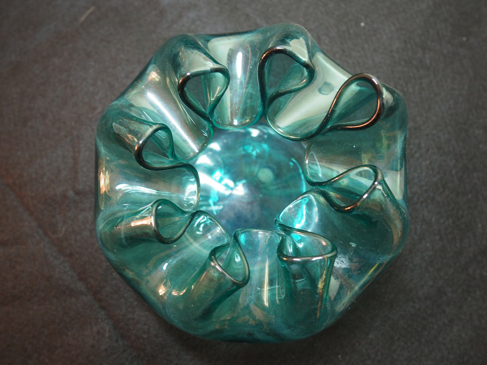 Lovely Early Blown Glass Open Pontil turquiose Blue Crimped Top Vase Bowl