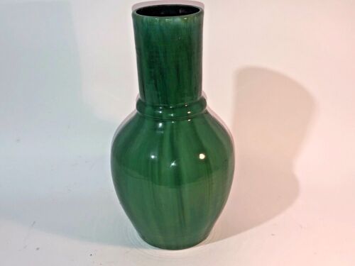 Vintage Studio Art Pottery Vase Green Glaze 10" Tall strange Signature on Bottom