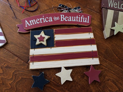 5 Wooden Americana- 4th Of July Red White , Blue Signs, Distressed Painted Wood