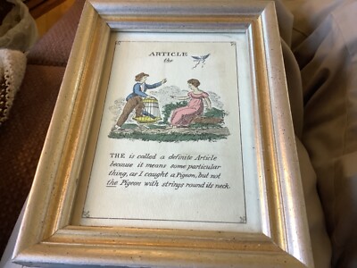 VINTAGE ENGLISH GRAMMAR FRAMED HAND COLORED MINIATURE PRINT,   ARTICLE, NOUN  