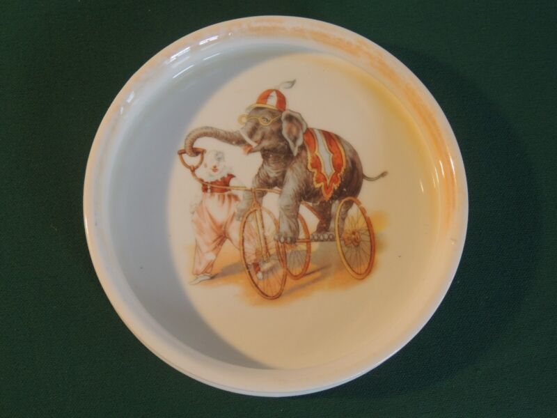 Vtg Germany Circus Clown Walking Far Sighted Elephant on Tricycle Childs Bowl
