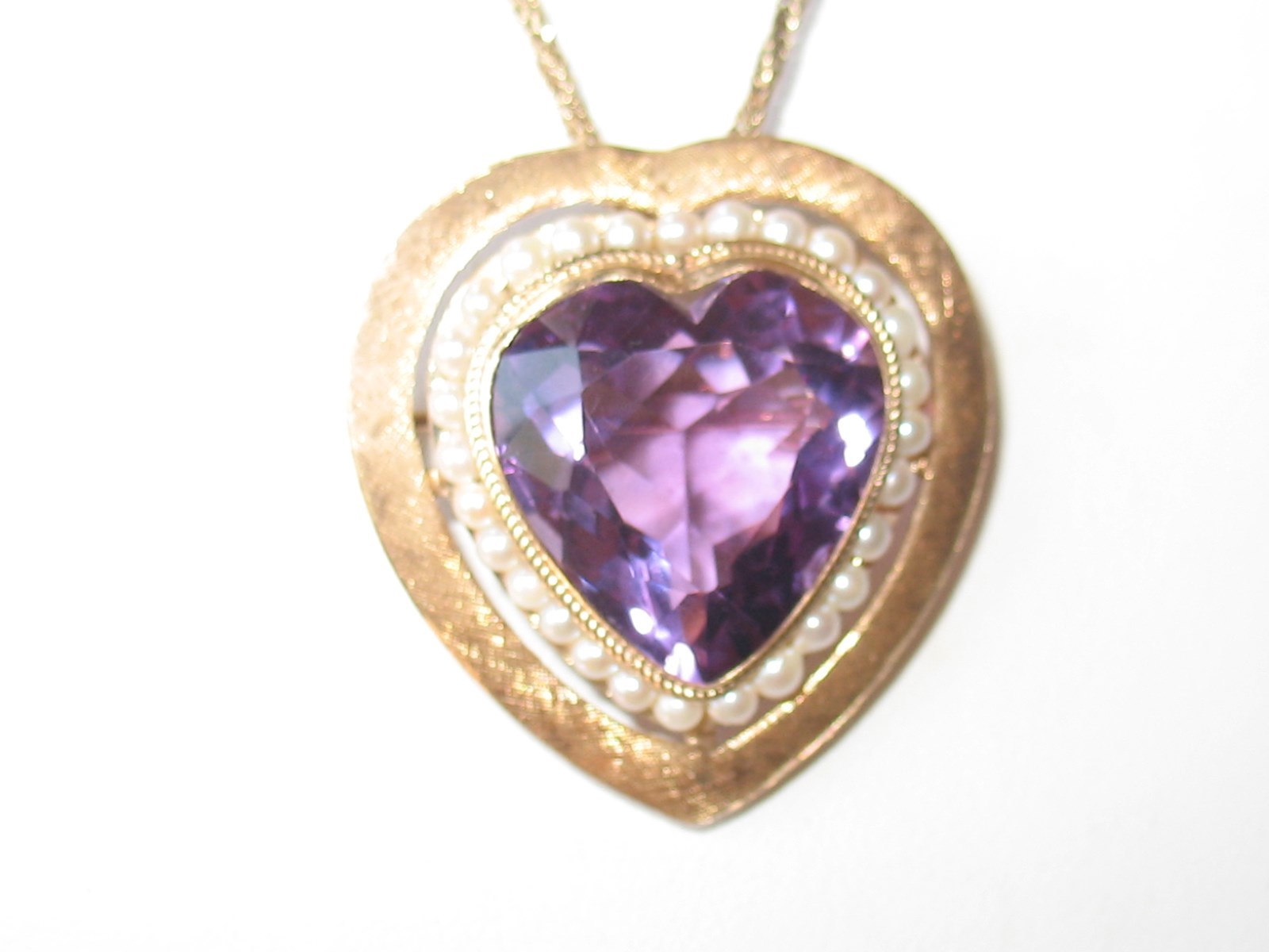 Beautiful 14K Gold Amethyst & Pearl Large Heart Brooch / Pendant with 24