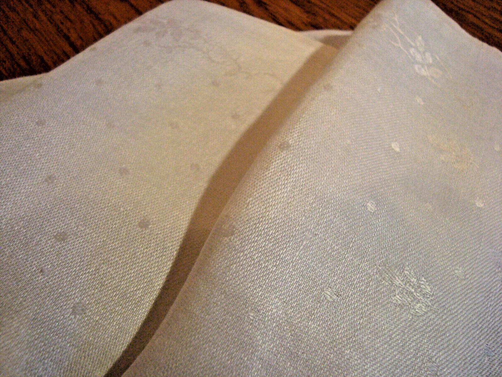 Vintage white flax LINEN dresser scarf, runner jacquard climbing roses