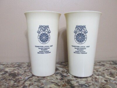 (2) Vtg. Teamsters / Bakers Union Plastic Cups - Jackie Presser - Gray Graphics