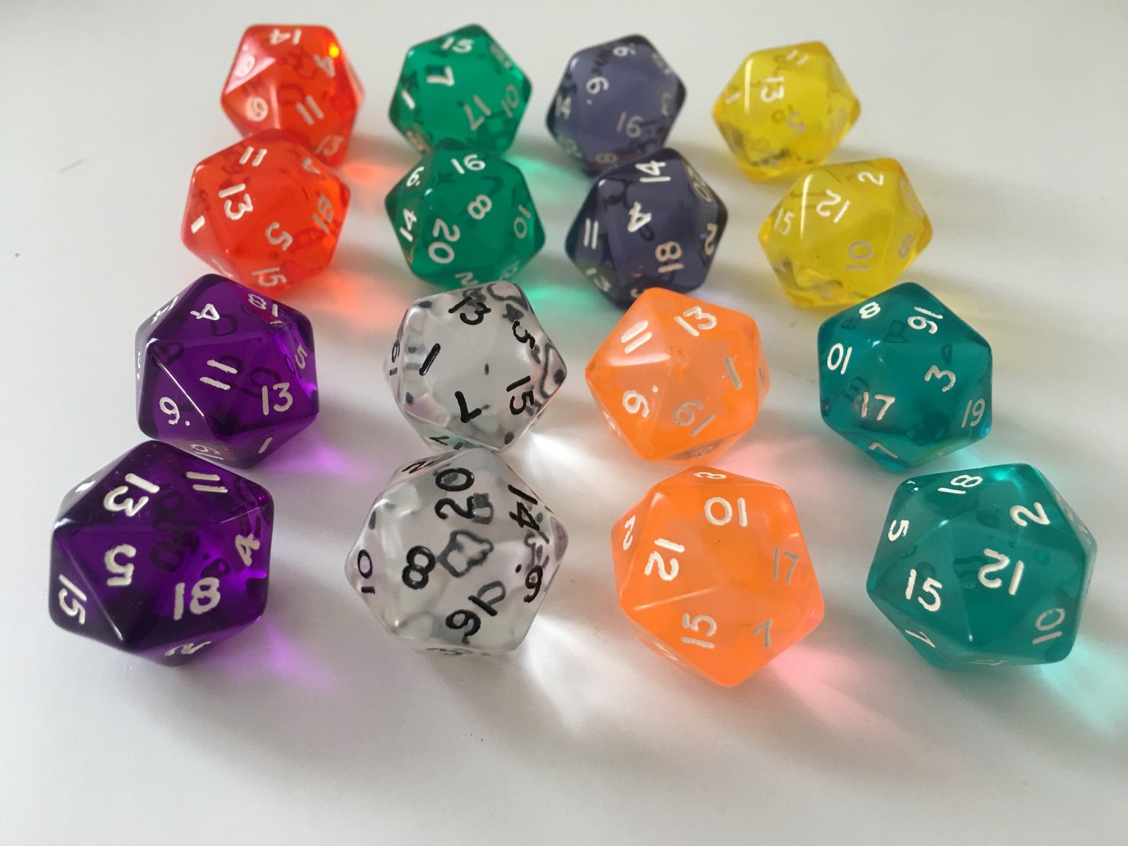 16pc Translucent D20 19mm Dice 8 Colors 2 Each High Quality D & D RPG MTG