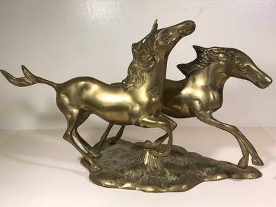 Vintage Lrg Brass Wild Horses Sculpture Statues
