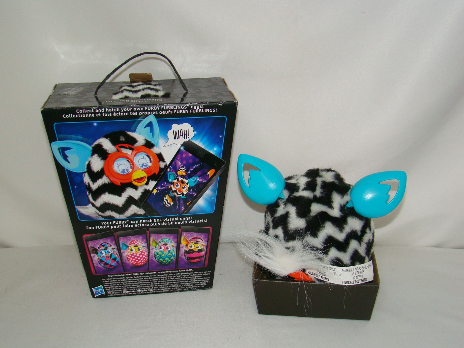 B38 Hasbro Furby Boom Black & White Zig Zag Zebra stripes Interactive toy w/ box