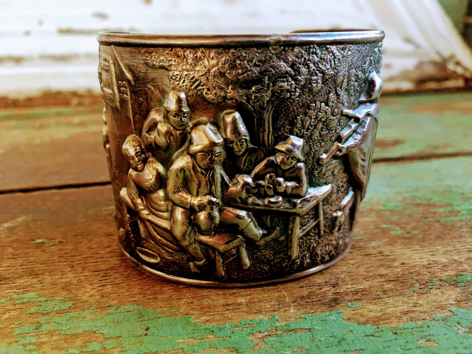 Vintage  Signed JKS DENMARK Silver Plate Storyteller Repousse CUFF BRACELET