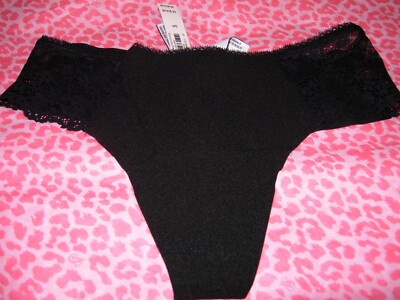 Victoria's Secret Sexy Thong Raw Cut No Show Black Lacie Hips M L NWT