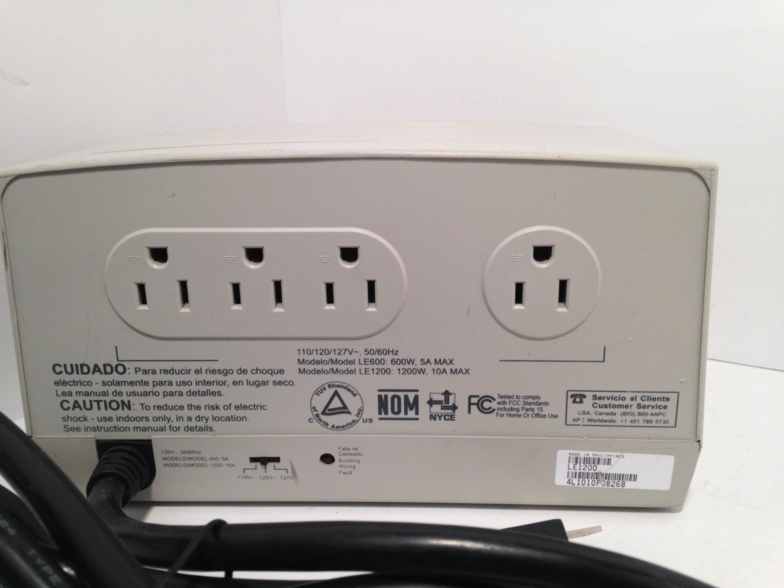 APC Line-R 1200 Model LE600 / LE1200 4 Plug 110V, 120V, 127V