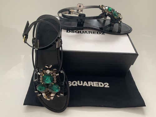 Pre-owned Dsquared2 6.5 7.5 Jeweled Black Patent Leather Ankle Strap Flat Sandals $890