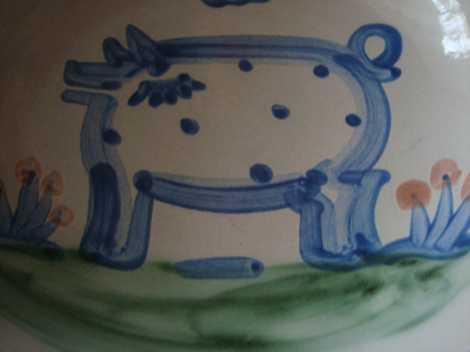 M A Hadley Pottery Country Pig BLUE Serving Bowl 8