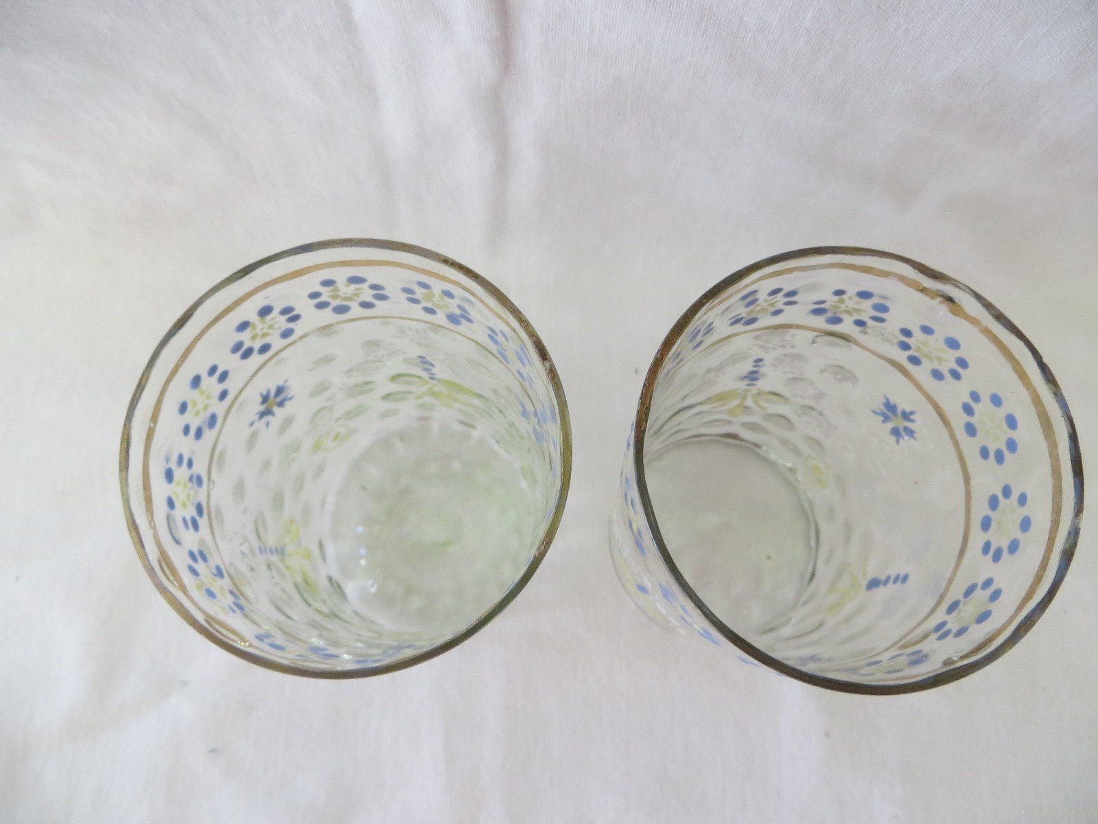 2 Victorian Enameled Glass Tumbler Blue Yellow Flowers Swag Thumbprint Coin Dot