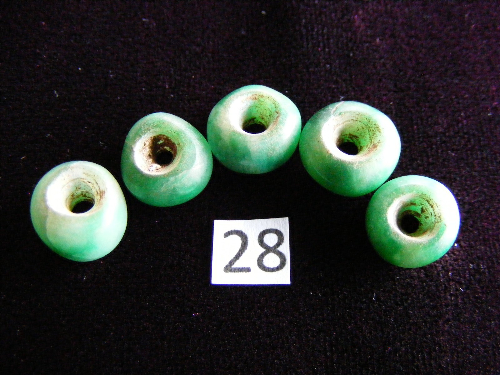 5 Pre Columbian Natural Green Jade Mayan Hand Carved Round Beads(B28)
