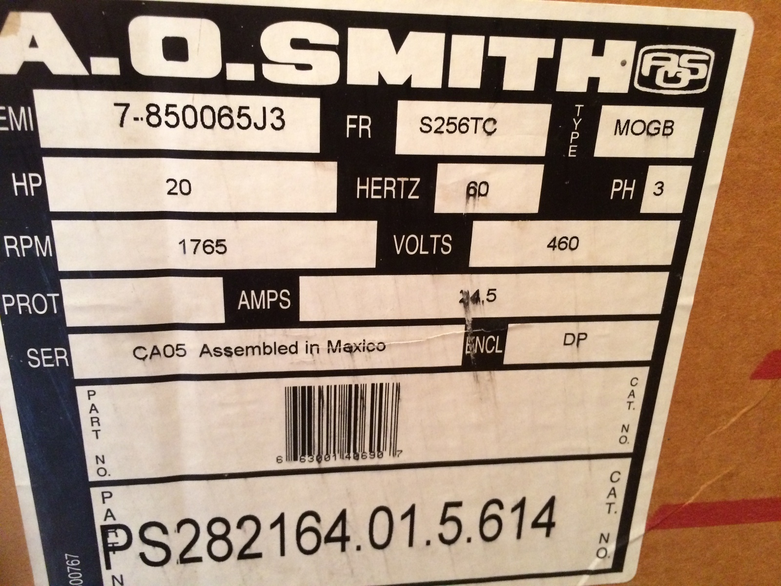 A.O. SMITH Avionic part number 7-850065J3 20HP Electric motor