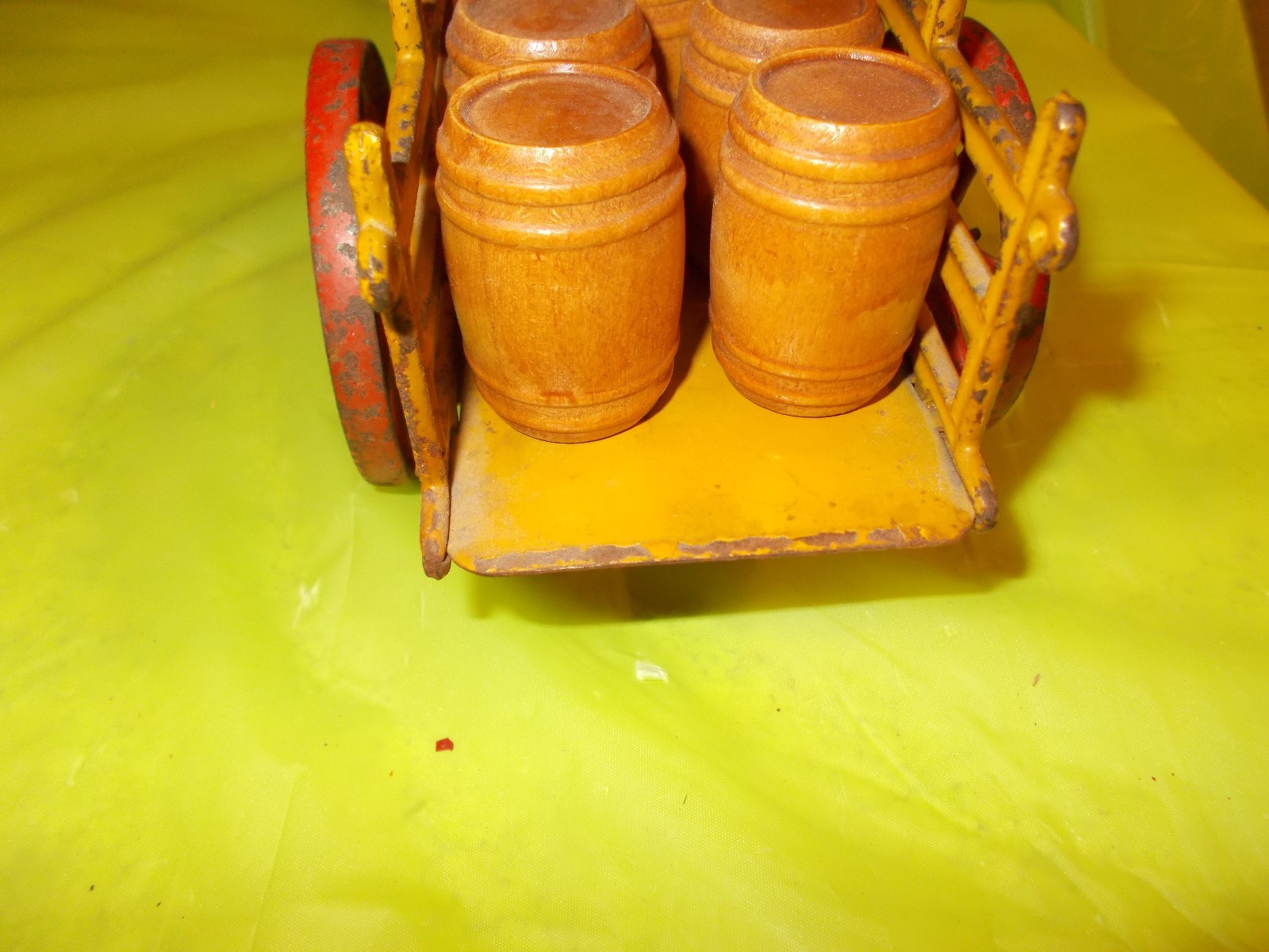 VINTAGE ORIGINAL CAST IRON BARREL CART--DRIVER--DONKEY--FIVE WOOD BARRELS!!