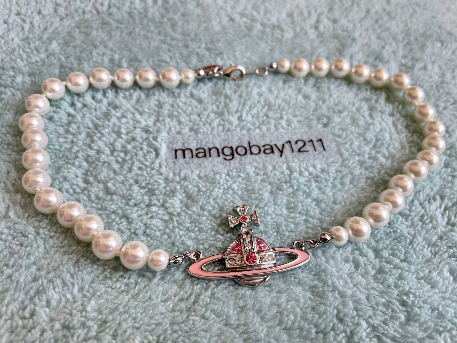 Vivienne Westwood Pink Sakura Silver Pearl Saturn Choker Vivienne Westwood Pink Sakura Silver Pearl Saturn Choker