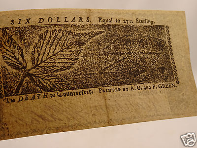 Fine 242 year old COLONIAL CURRENCY NOTE $6 April 10, 1774 - MARYLAND