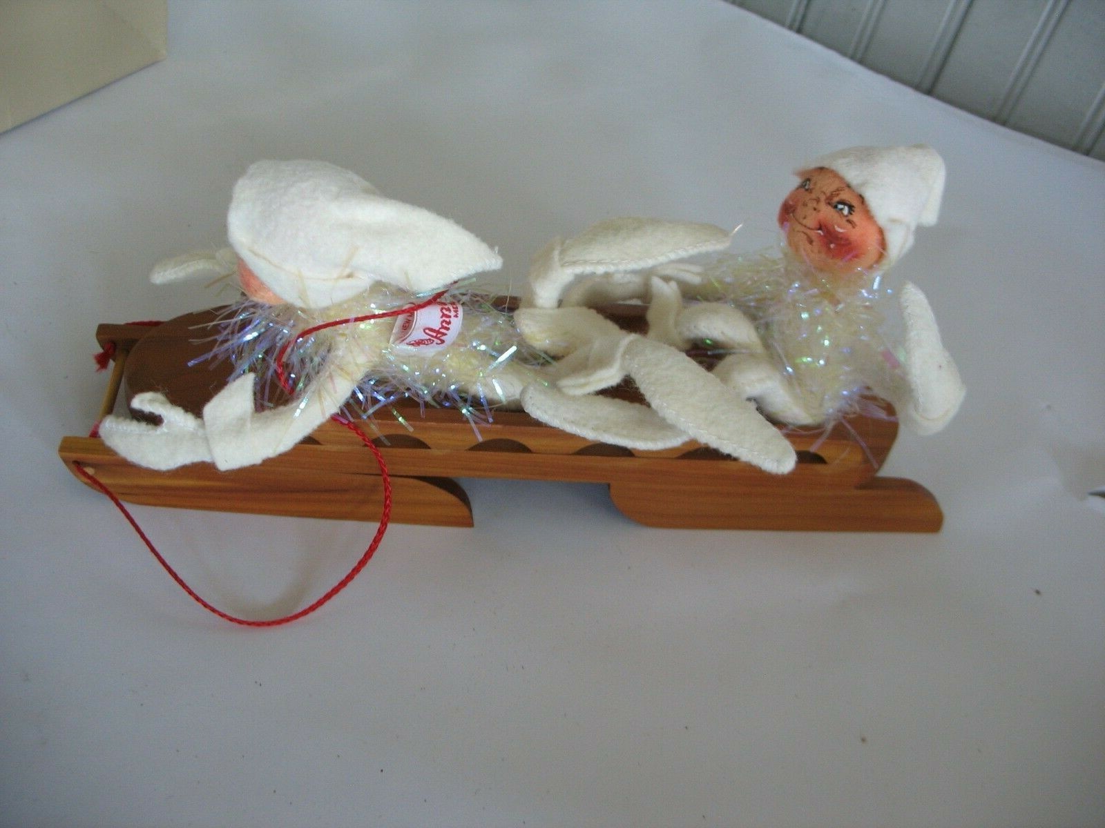 Annalee 2 white sparkly pixies on wood sled 1997 USA Holiday Christmas