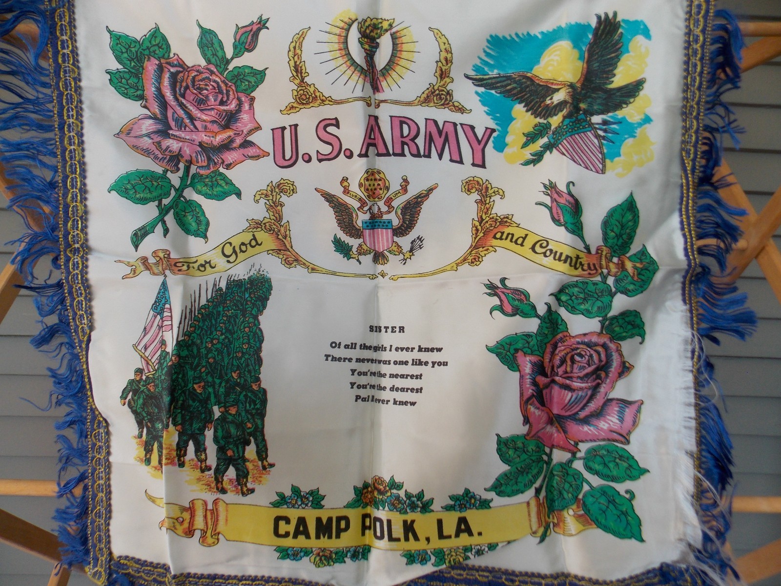 Vintage Pillow Cover U.S. Army Sister Camp Polk LA. Satin with Fringe