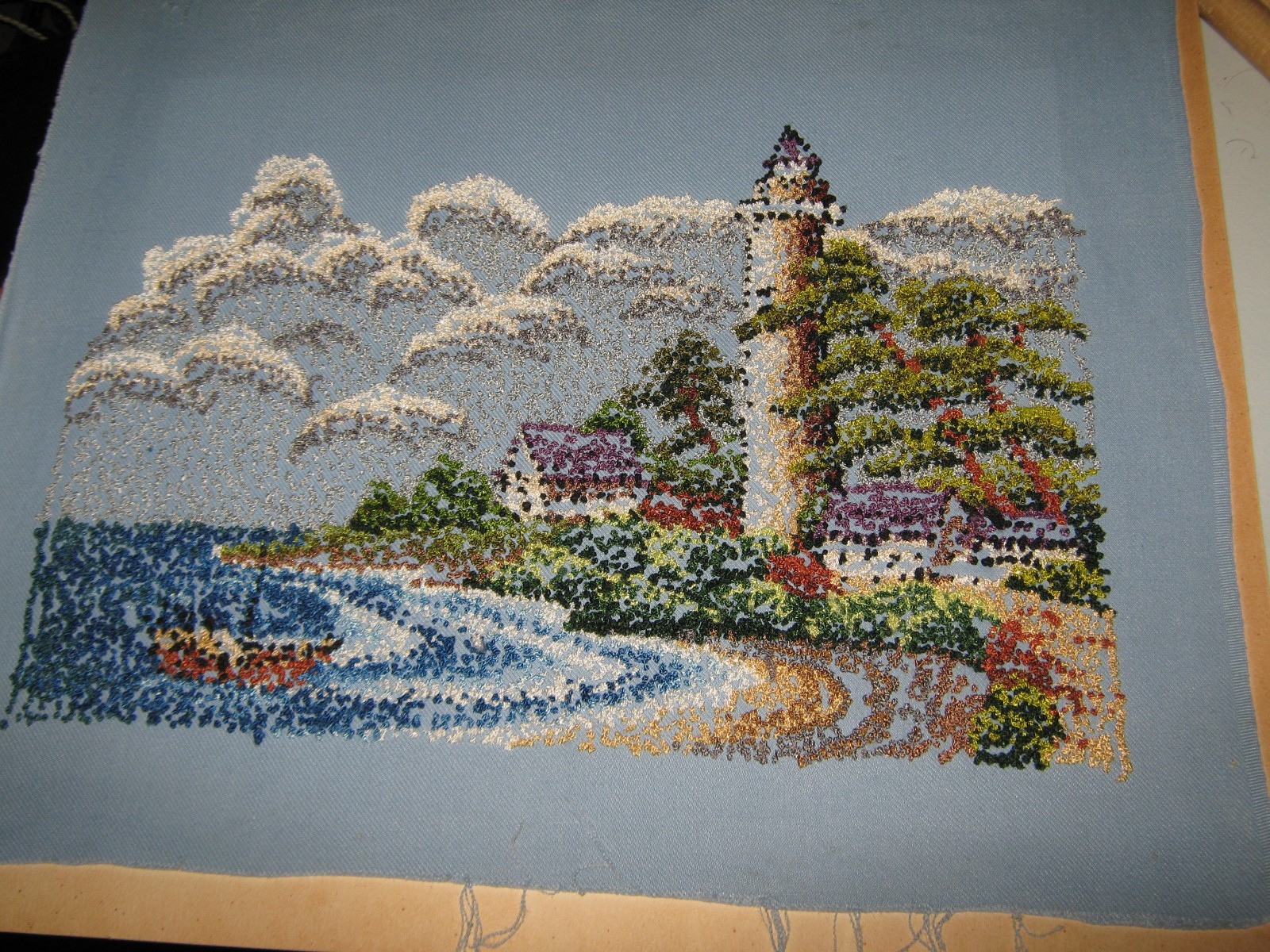 Vtg LIghthouse Landscape Picture Stump Work Punch Needlework Ocean Sea Shoreline