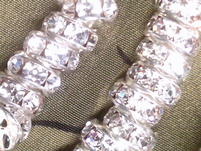 Vtg 24 RHINESTONE HAND CHANNEL SET SILVER METAL RONDELLE BEAD 7mm #022719d