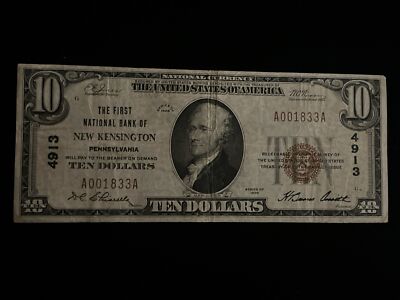 1929 $10 FIRST NATIONAL BANK NEW KENSINGTON  PA NATIONAL CURRENCY Ch# 4913