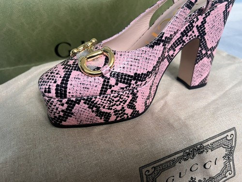 Pre-owned Gucci Shoes Python Print Leather W Horsebit Platform Slingback $1100 38.5 8.5 Us In Multicolor