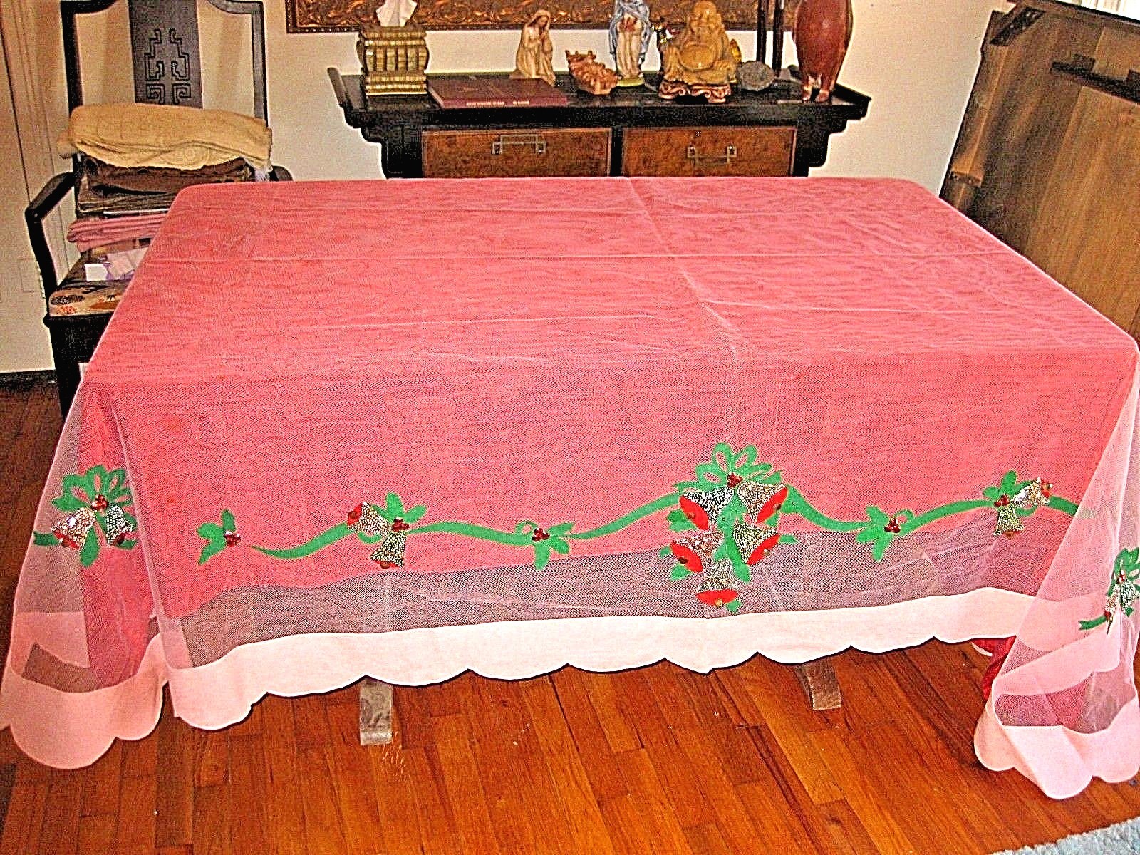 Tablecloth Christmas Pink Net with Sequin Embellished Bells Trees 107x75 Vtg