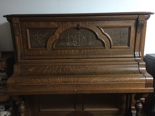 Antique Bush & Gerts UPRIGHT GRAND Piano Quarter Sawn Oak Ornate 1905 EUC