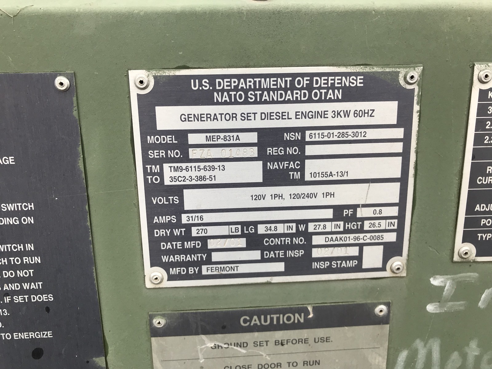 Fermont MEP-831A 3kW Diesel Generator Tactical Quiet Military Parts/repair 2001
