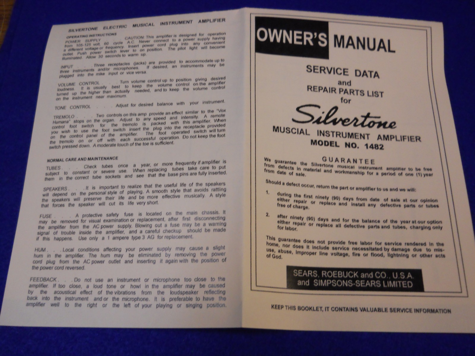 Vintage Silvertone 1482  Guitar Amplifier Instruction Manual Schematic 1960's