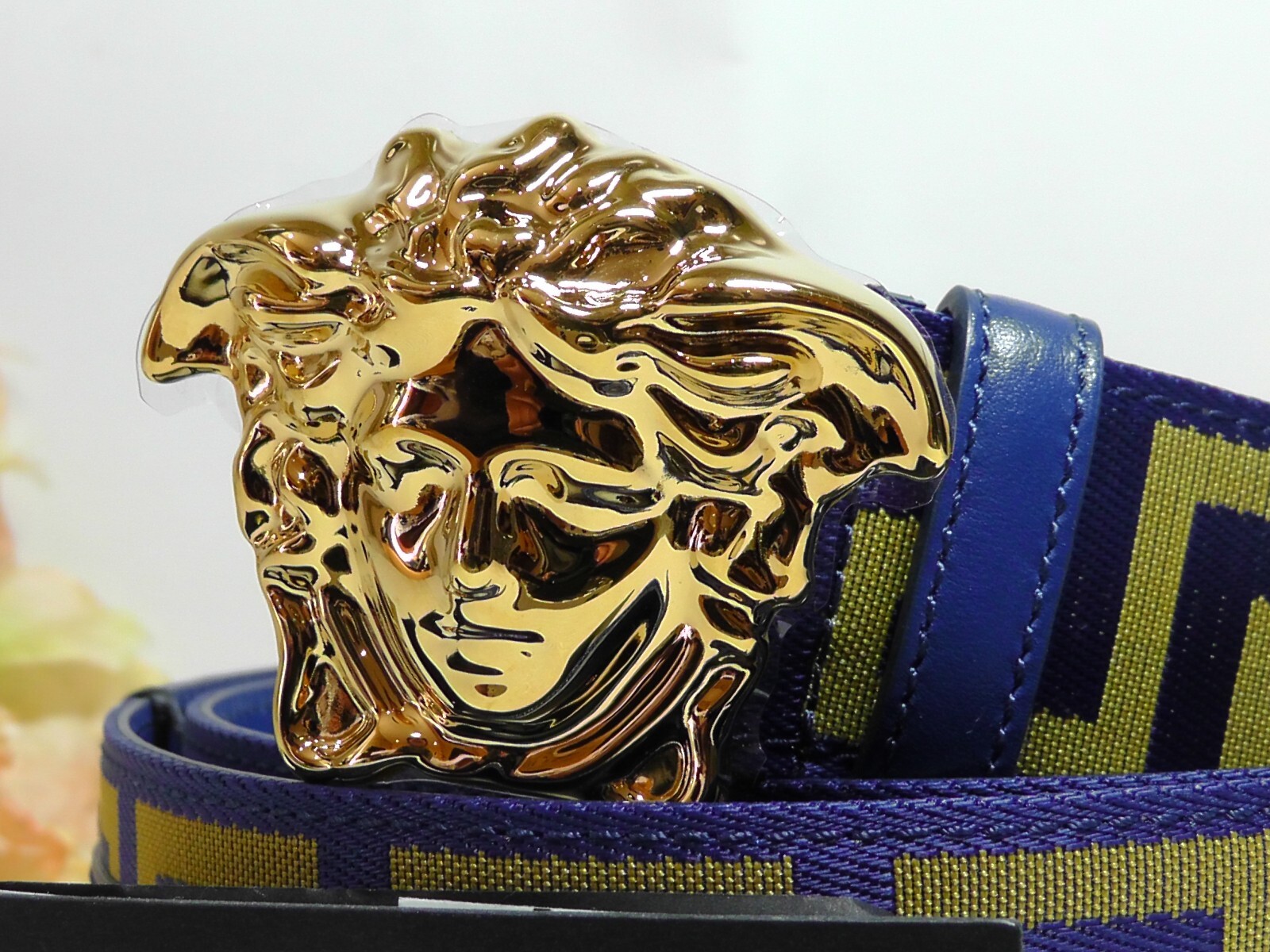 Pre-owned Versace Men's La Medusa Blue / Gold Web Belt Size 95cm Or 37 Inches$495nwt
