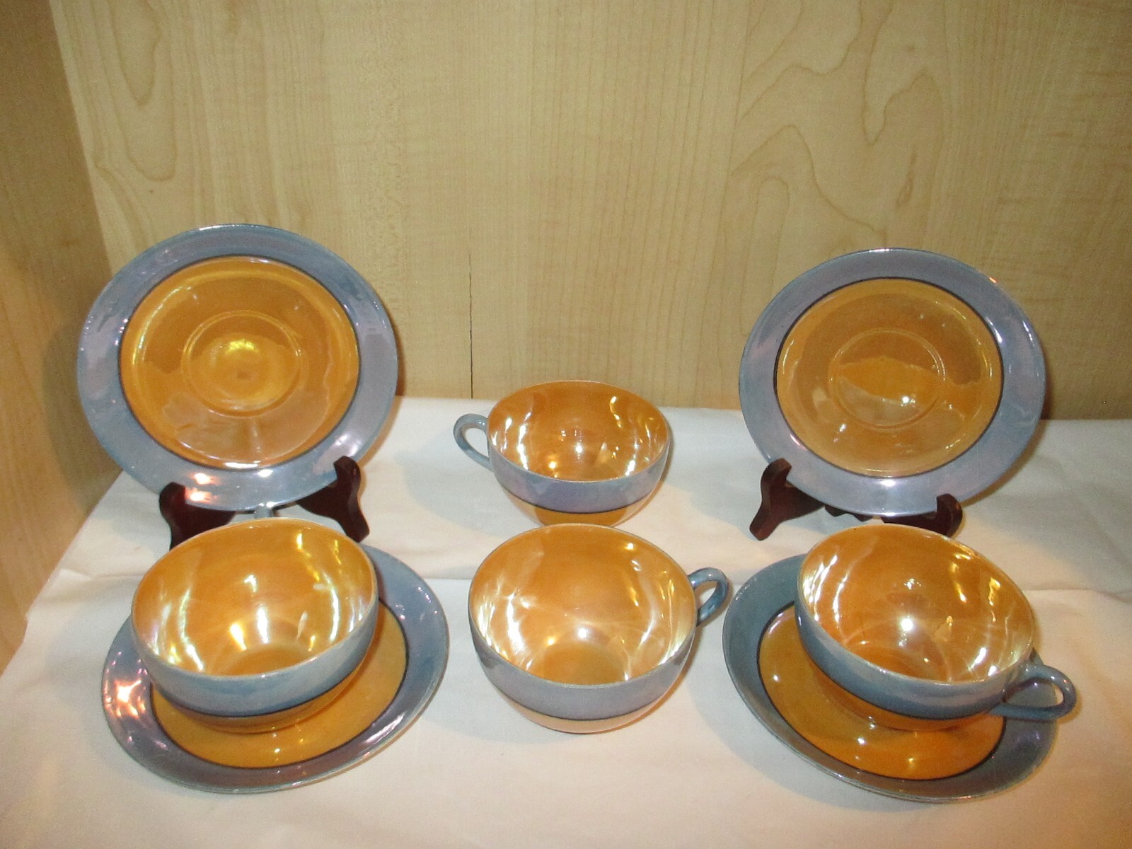 VintageJapan Blue & Peach Lusterware Cups & Saucers 8 pc VintageJapan Blue & Peach Lusterware Cups & Saucers 8 pc
