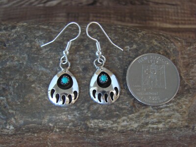 Navajo Indian Sterling Silver & Turquoise Bear Paw Dangle Earrings