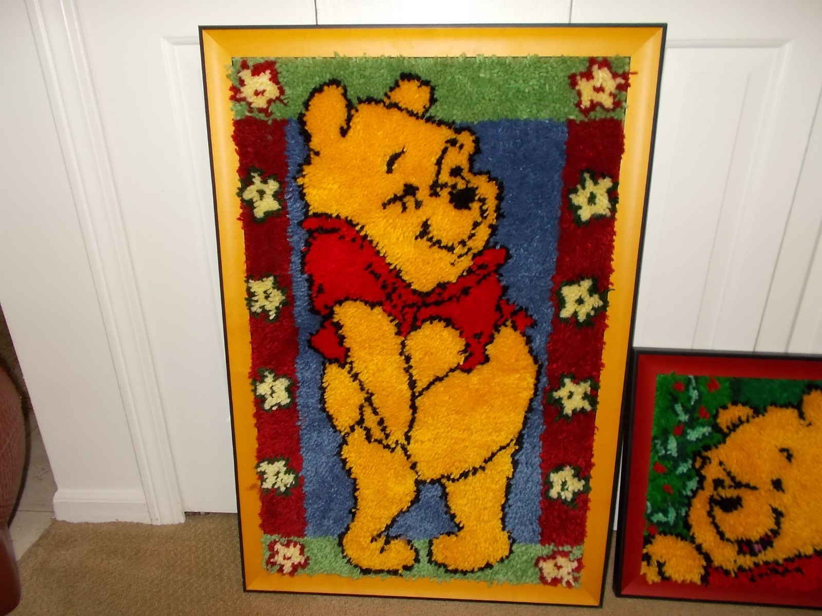 2 Winnie The Pooh COMPLETED and FRAMED Latch Hook Wall Hangings 32