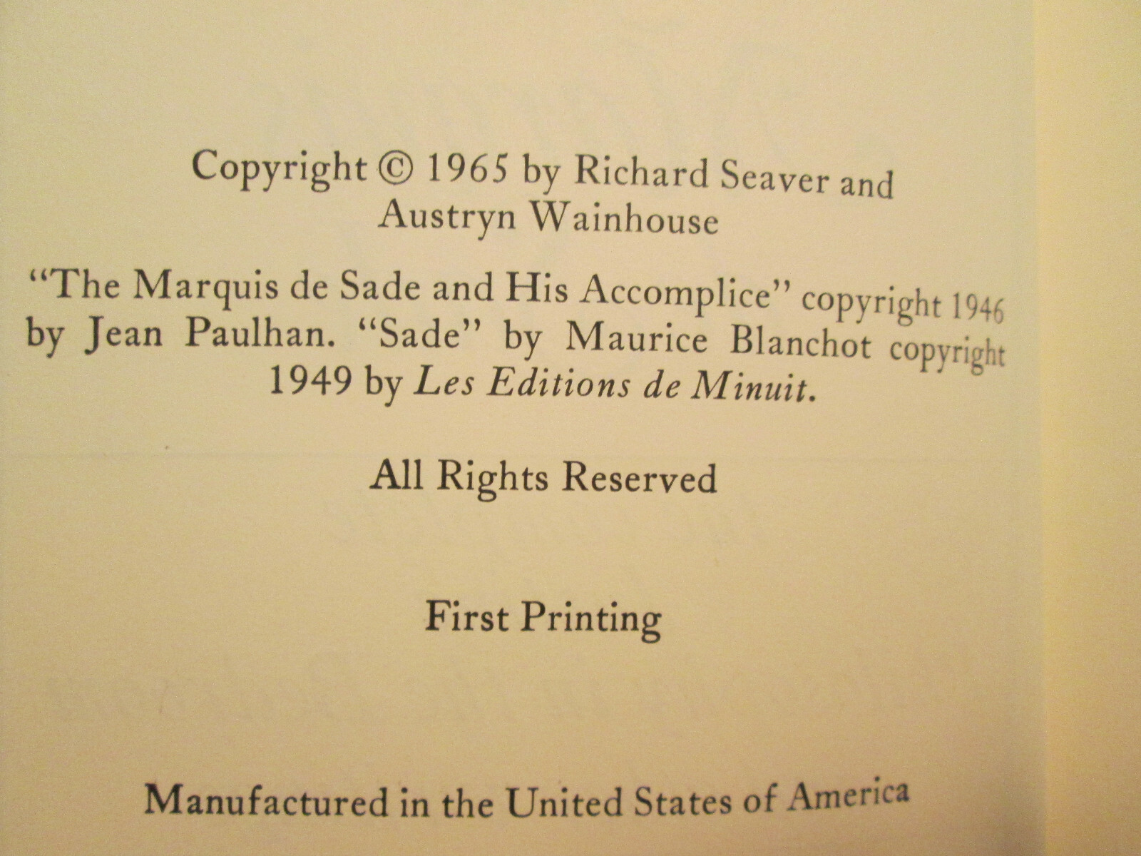 Marquis de Sade hardback Justine Grove Press First Printing