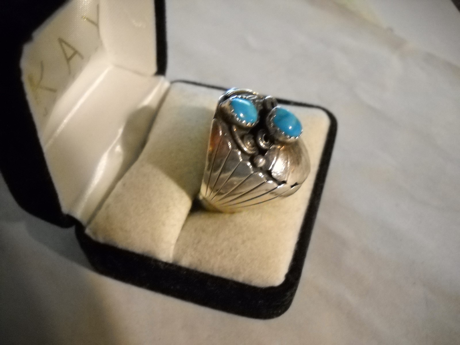 ~Vintage Southwest Signed FP Marked Sterling Turquoise Detailed Ring Size 10 1/2