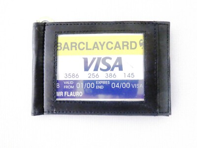 Money Clip Wallet Bifold ID Credit Card Money Holder Black Genuine Leather Men's