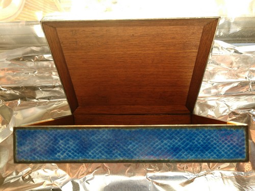 Unusual blue enamel box China cedar lined pre 1919 as is