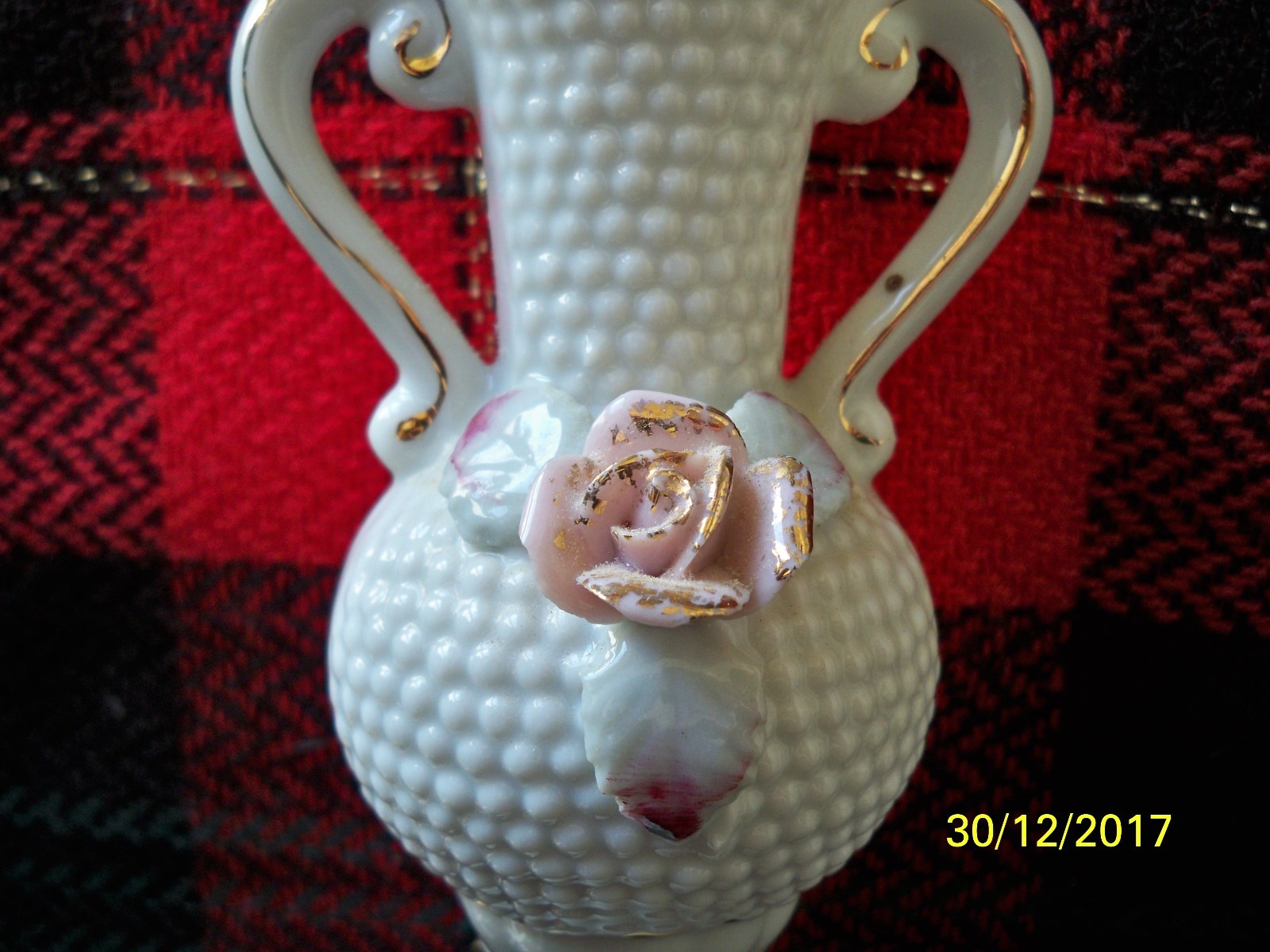 Vintage made in Japan Hobnail Style porcelain Vase with Applied Roses & gold