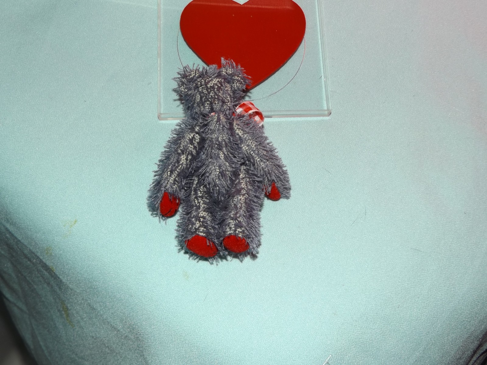 HTF World of Miniature Bears 821 TREADBEAR Denim Color Bear Red White Bow MOHAIR